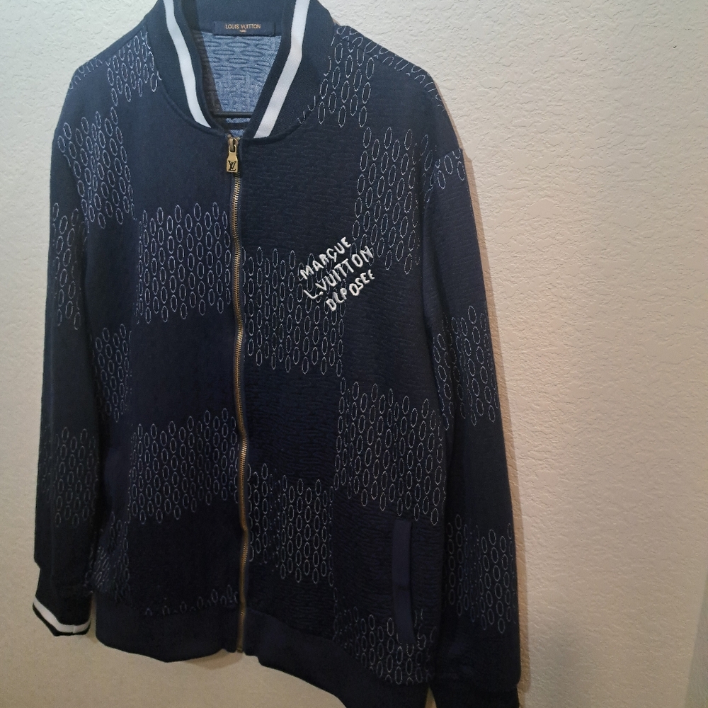 Louis Vuitton Dark Blue Damier Zip Through Bomber 100% Cotton Mens Jacket Large